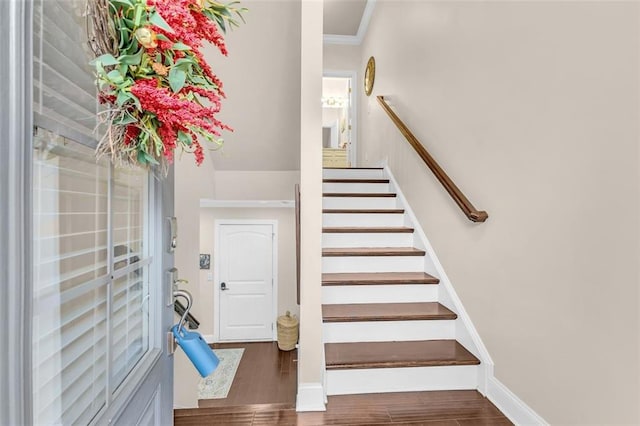 staircase featuring wood-type flooring and ornamental molding