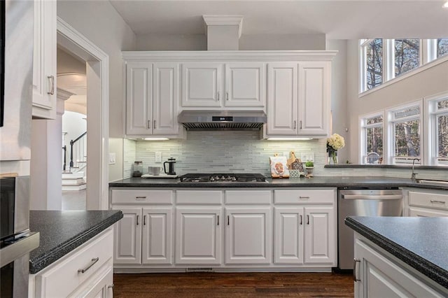 kitchen with white cabinets, dark countertops, stainless steel appliances, ventilation hood, and backsplash