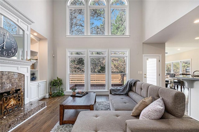 living area featuring a fireplace, dark wood finished floors, and a towering ceiling