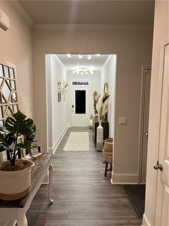 hallway with ornamental molding and dark hardwood / wood-style floors