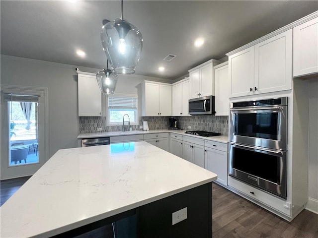 kitchen with visible vents, a sink, dark wood finished floors, stainless steel appliances, and decorative backsplash