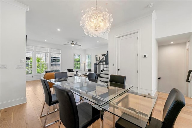 343 Concord St, Alpharetta, GA 30009 - dining area featuring stairs, light wood-style floors, a chandelier, ceiling fan, and recessed lighting