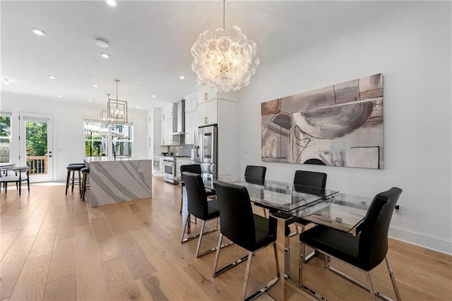 343 Concord St, Alpharetta, GA 30009 - dining room with a chandelier, light wood finished floors, recessed lighting, ornamental molding, and baseboards
