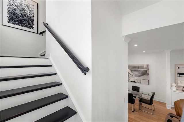 343 Concord St, Alpharetta, GA 30009 - stairs with recessed lighting, wood finished floors, and baseboards