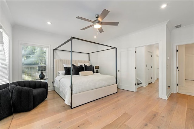 343 Concord St, Alpharetta, GA 30009 - bedroom featuring ornamental molding, light wood-style flooring, recessed lighting, and a ceiling fan