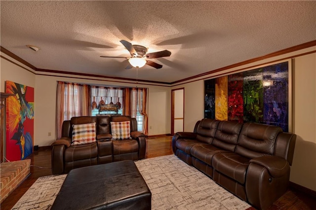 living room featuring a textured ceiling, ceiling fan, and hardwood / wood-style floors