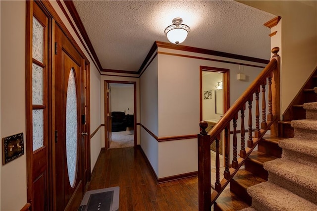 interior space with a textured ceiling, crown molding, and dark hardwood / wood-style flooring