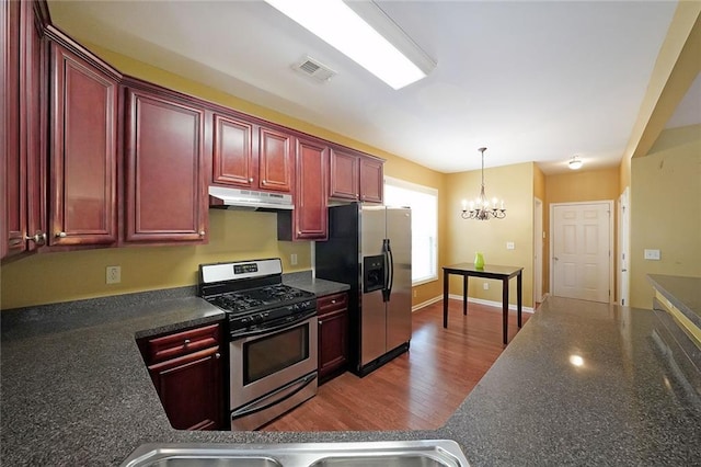 kitchen with hardwood / wood-style floors, appliances with stainless steel finishes, pendant lighting, and an inviting chandelier