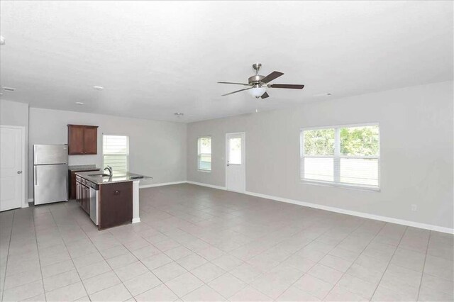 interior space with sink, ceiling fan, stainless steel appliances, and plenty of natural light