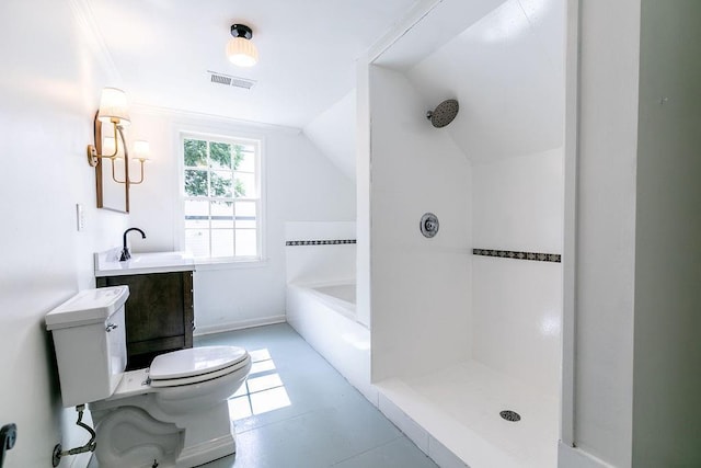 bathroom with visible vents, walk in shower, vanity, toilet, and lofted ceiling