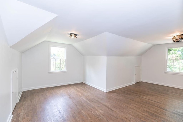 additional living space with baseboards, wood finished floors, and vaulted ceiling
