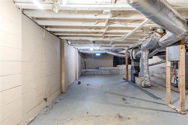 unfinished basement featuring concrete block wall