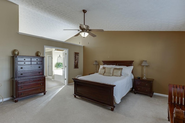 bedroom featuring light carpet, vaulted ceiling, a textured ceiling, and baseboards