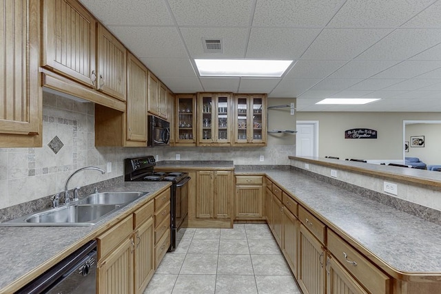 kitchen with open shelves, a sink, visible vents, black appliances, and glass insert cabinets