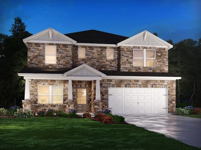 view of front of house featuring stone siding, concrete driveway, a front yard, and a garage