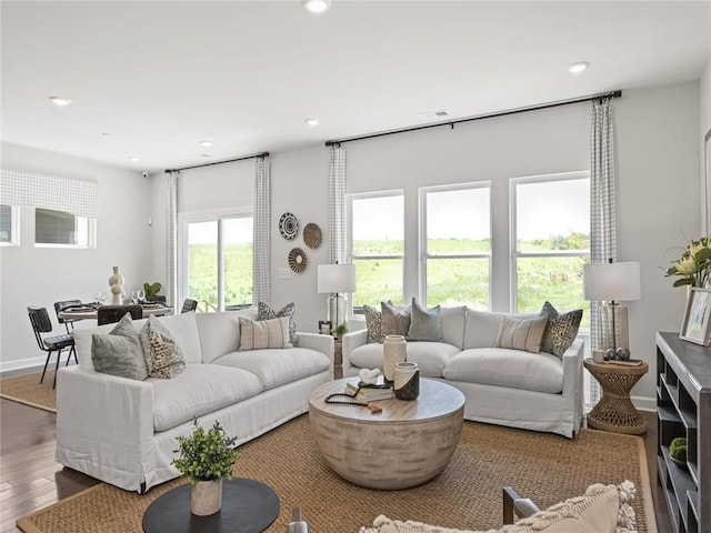 living area with wood finished floors, recessed lighting, and baseboards
