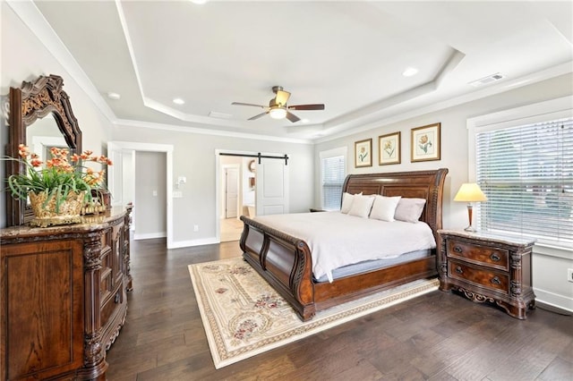 bedroom with multiple windows, a raised ceiling, a barn door, and dark wood-style flooring