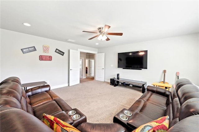 living area featuring recessed lighting, baseboards, carpet floors, and ceiling fan