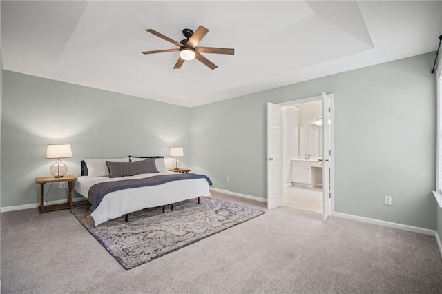 405 Sable Ct, Milton, GA 30004 - carpeted bedroom with a raised ceiling, ensuite bathroom, and ceiling fan