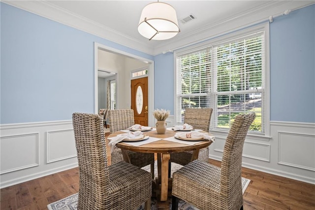 405 Sable Ct, Milton, GA 30004 - dining space featuring hardwood / wood-style flooring, crown molding, a decorative wall, and a wainscoted wall