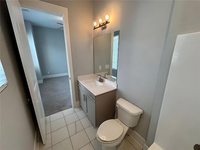 bathroom with ceiling fan, tile patterned flooring, vanity, and toilet