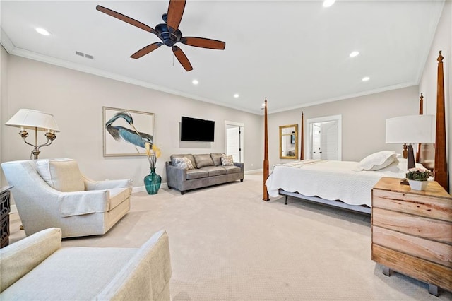 bedroom featuring ceiling fan, light colored carpet, and ornamental molding