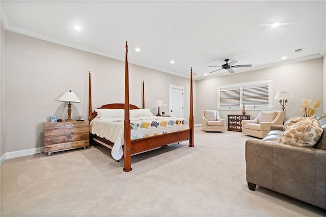 bedroom with ceiling fan, light colored carpet, and crown molding