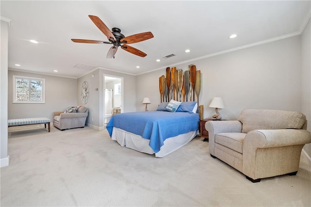 carpeted bedroom featuring ceiling fan and ornamental molding