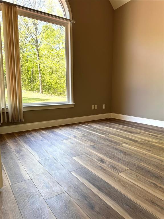 225 Austin Oaks Dr SE, Ellenwood, GA 30294 - empty room with dark wood-style flooring, baseboards, and lofted ceiling