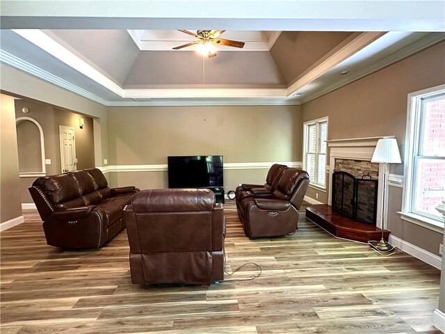 225 Austin Oaks Dr SE, Ellenwood, GA 30294 - living room featuring a raised ceiling, a healthy amount of sunlight, and wood finished floors