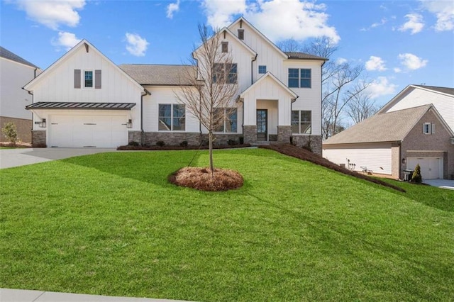 2023 Fern Mountain Ln, Marietta, GA 30064 - view of front of home with a standing seam roof, driveway, stone siding, board and batten siding, and a front yard
