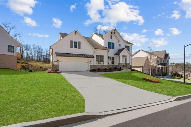 2023 Fern Mountain Ln, Marietta, GA 30064 - modern farmhouse featuring board and batten siding, driveway, a front yard, and stone siding