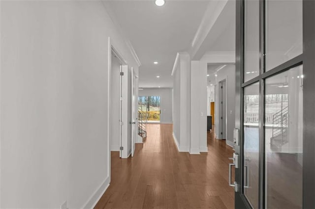 2023 Fern Mountain Ln, Marietta, GA 30064 - hallway with dark wood-type flooring, baseboards, ornamental molding, and recessed lighting