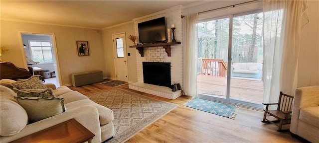 living room with wood finished floors, plenty of natural light, ornamental molding, and a fireplace