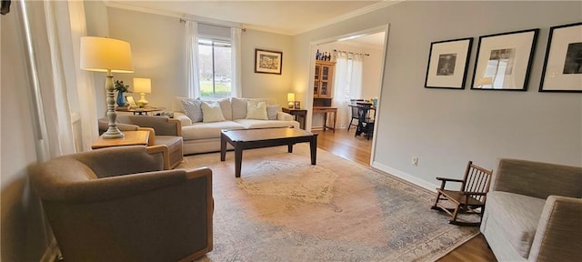 living room featuring baseboards, wood finished floors, and crown molding