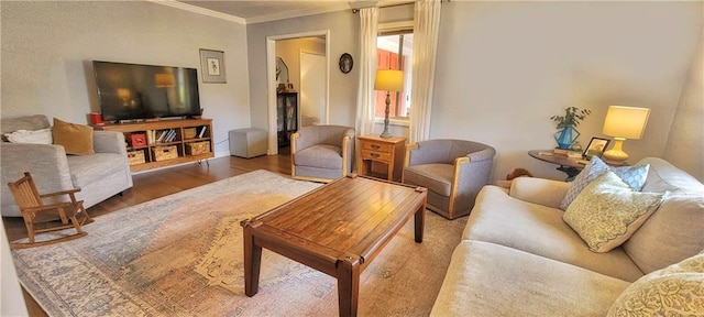 living area featuring wood finished floors and ornamental molding