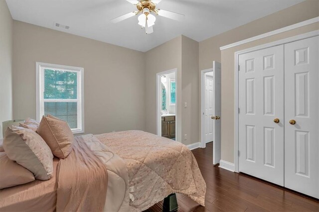 812 Roget Way, Lawrenceville, GA 30045 - bedroom with dark wood-style flooring, a closet, baseboards, ceiling fan, and ensuite bathroom