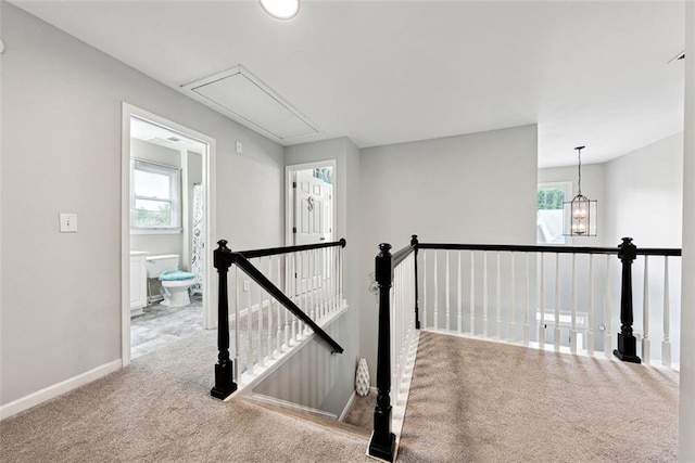 402 Homestead Dr, Dallas, GA 30157 - corridor with an upstairs landing, attic access, carpet flooring, and plenty of natural light