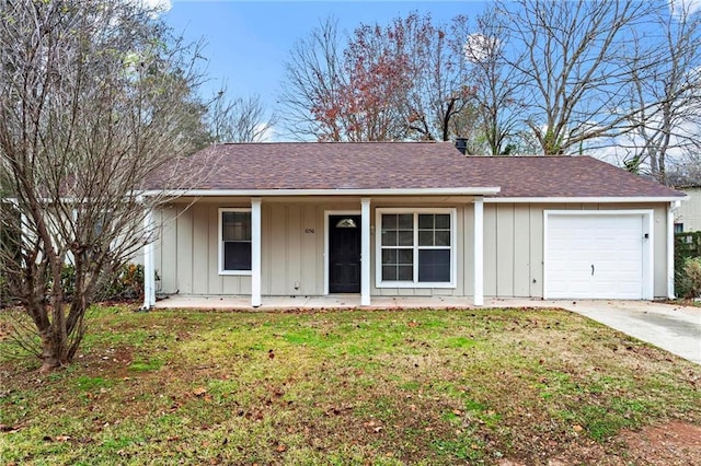 1056 Park W Ct, Stone Mountain, GA 30088 - ranch-style home with board and batten siding, a front lawn, a garage, a porch, and a shingled roof