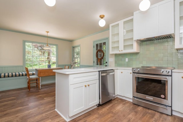 6795 Brandon Mill Rd, Atlanta, GA 30328 - kitchen with appliances with stainless steel finishes, a peninsula, white cabinets, light countertops, and dark wood-type flooring