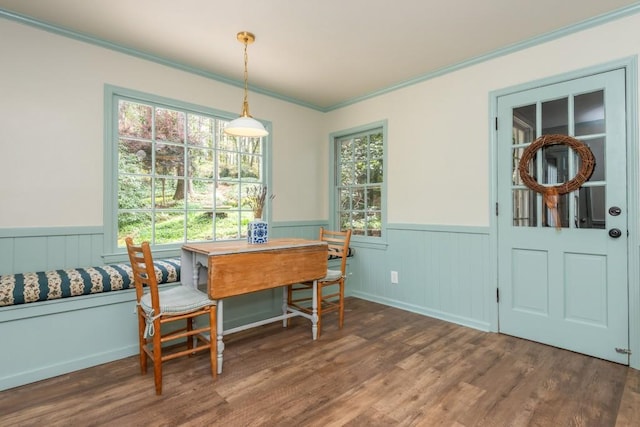 6795 Brandon Mill Rd, Atlanta, GA 30328 - dining space with wainscoting, ornamental molding, and wood finished floors