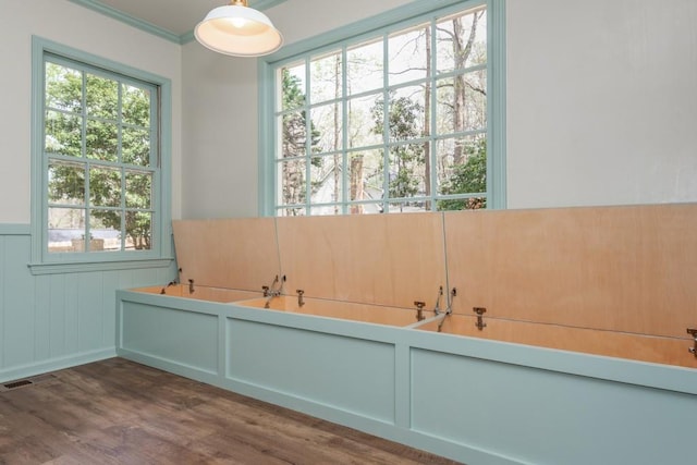 6795 Brandon Mill Rd, Atlanta, GA 30328 - bathroom with wood finished floors, a bath, healthy amount of natural light, wainscoting, and crown molding