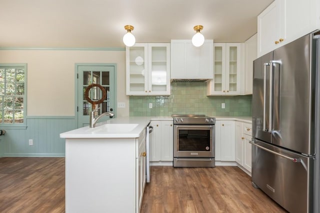 6795 Brandon Mill Rd, Atlanta, GA 30328 - kitchen with stainless steel appliances, a peninsula, wainscoting, dark wood finished floors, and white cabinetry