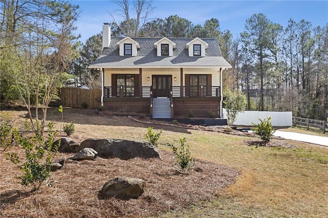 view of front of home featuring french doors, a porch, a shingled roof, and fence