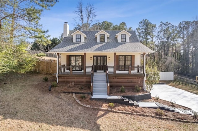 view of front of property featuring a porch, a shingled roof, fence, stairs, and french doors