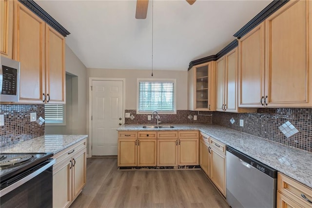 kitchen with sink, light hardwood / wood-style flooring, appliances with stainless steel finishes, light stone countertops, and decorative backsplash