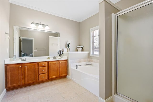 full bathroom with a garden tub, crown molding, a sink, a shower stall, and tile patterned flooring