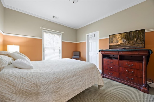 carpeted bedroom featuring visible vents and crown molding