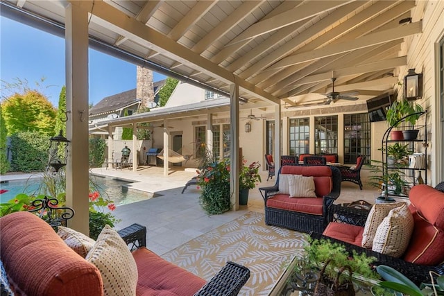 view of patio featuring an outdoor hangout area and ceiling fan