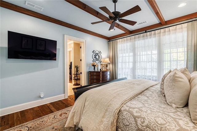 bedroom with beam ceiling, wood-type flooring, and ceiling fan